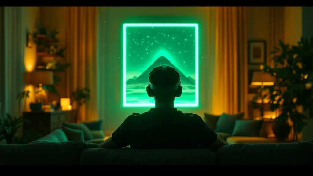 Person in a VR headset stepping through a green portal toward a distant landmark hologram