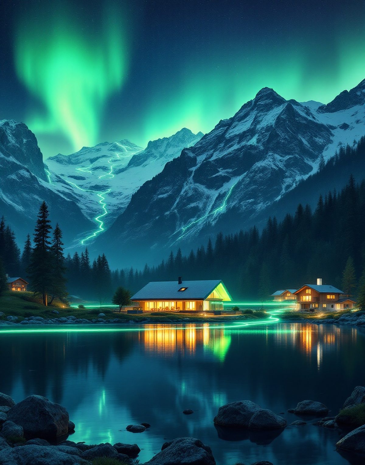 Eco data center in a green Swiss alpine valley, recovered heat flowing as green light toward warmly lit homes